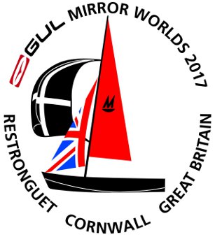 2017 Gul Mirror Worlds logo, stylized drawing of a black Mirror with a union jack jib and a cornish flag spinnaker